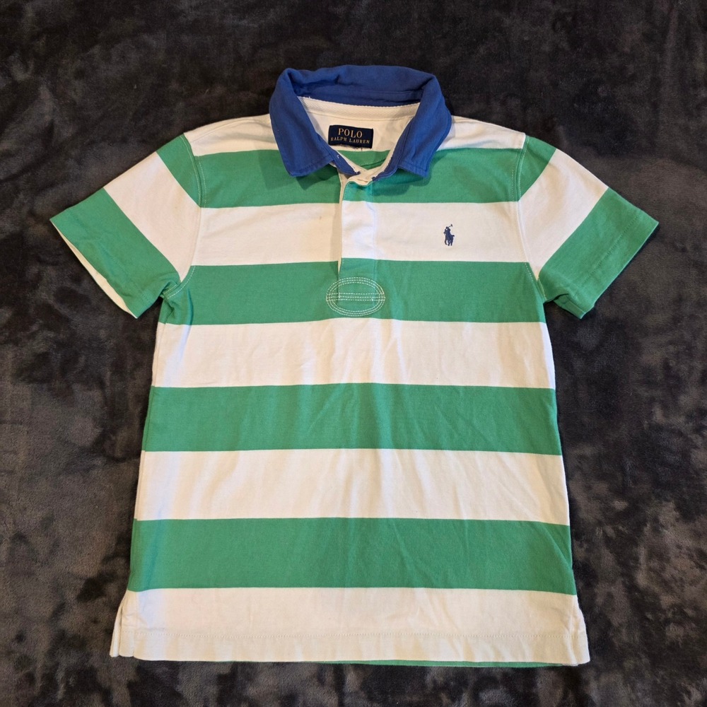 Polo Ralph Lauren Kids Green White Striped Rugby Shirt Blue Collar Short Sleeve